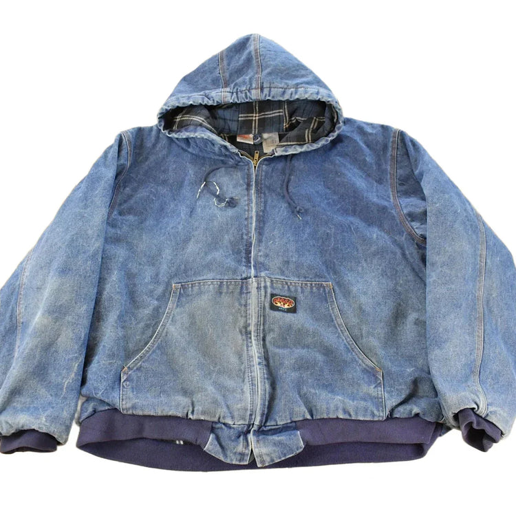 Vintage 1990s Rasco Denim Plaid Lined Fire Resistant Hooded Jacket Men's 2XL / FR Jacket / 90s Workwear / Distressed Sun Faded / Workwear from propervintagecanada