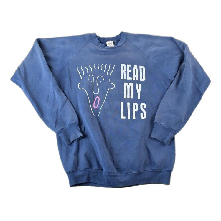 Vintage 1990s Read My Lips Noodle Hair Guy Crewneck Sweatshirt Men's XL from propervintagecanada