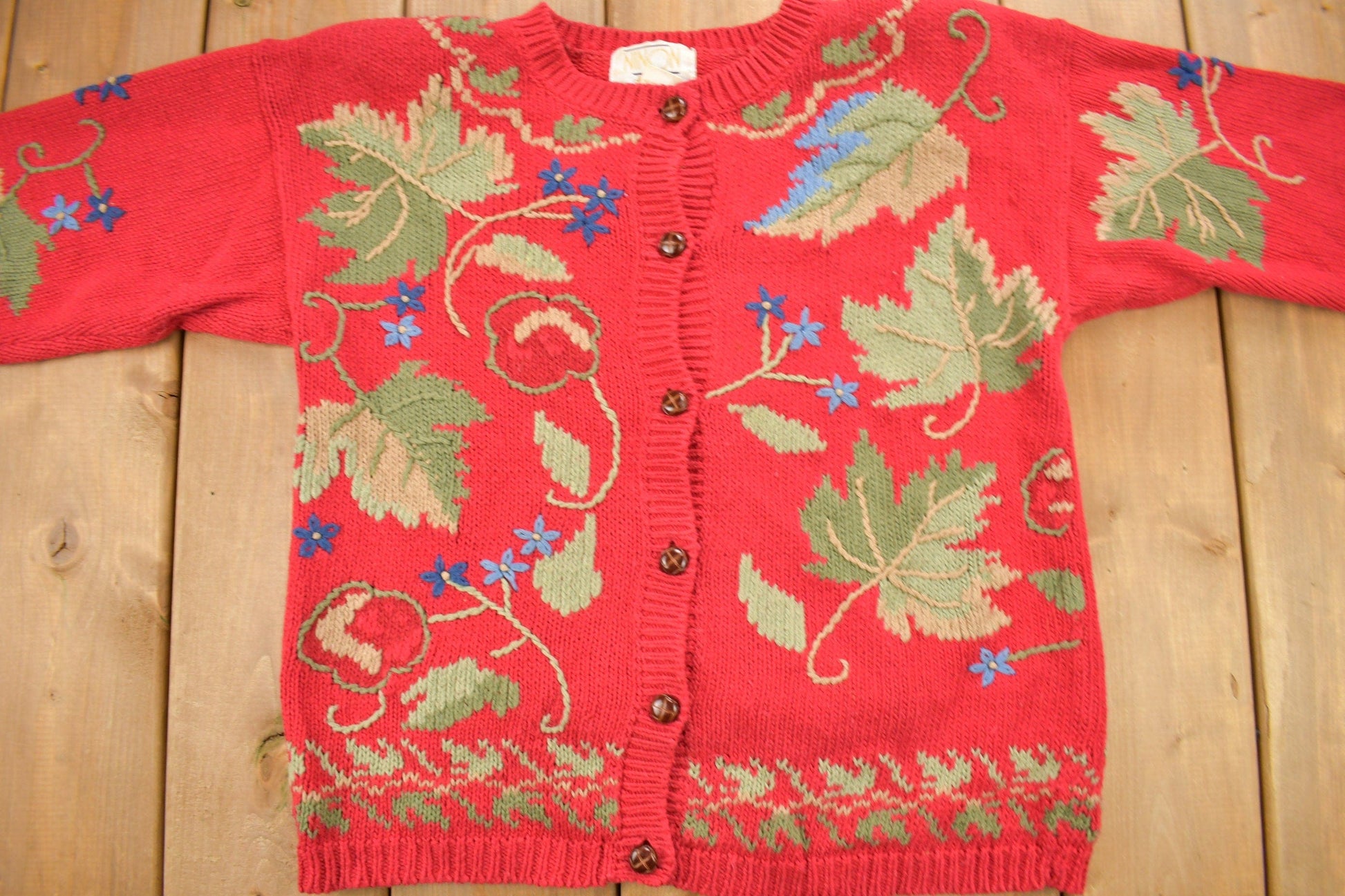 Vintage 1990s Red Floral Theme Embroidered Knit Cardigan Sweater Women's M from propervintagecanada