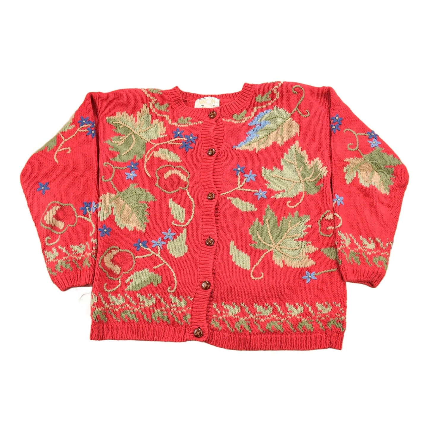 Vintage 1990s Red Floral Theme Embroidered Knit Cardigan Sweater Women's M from propervintagecanada