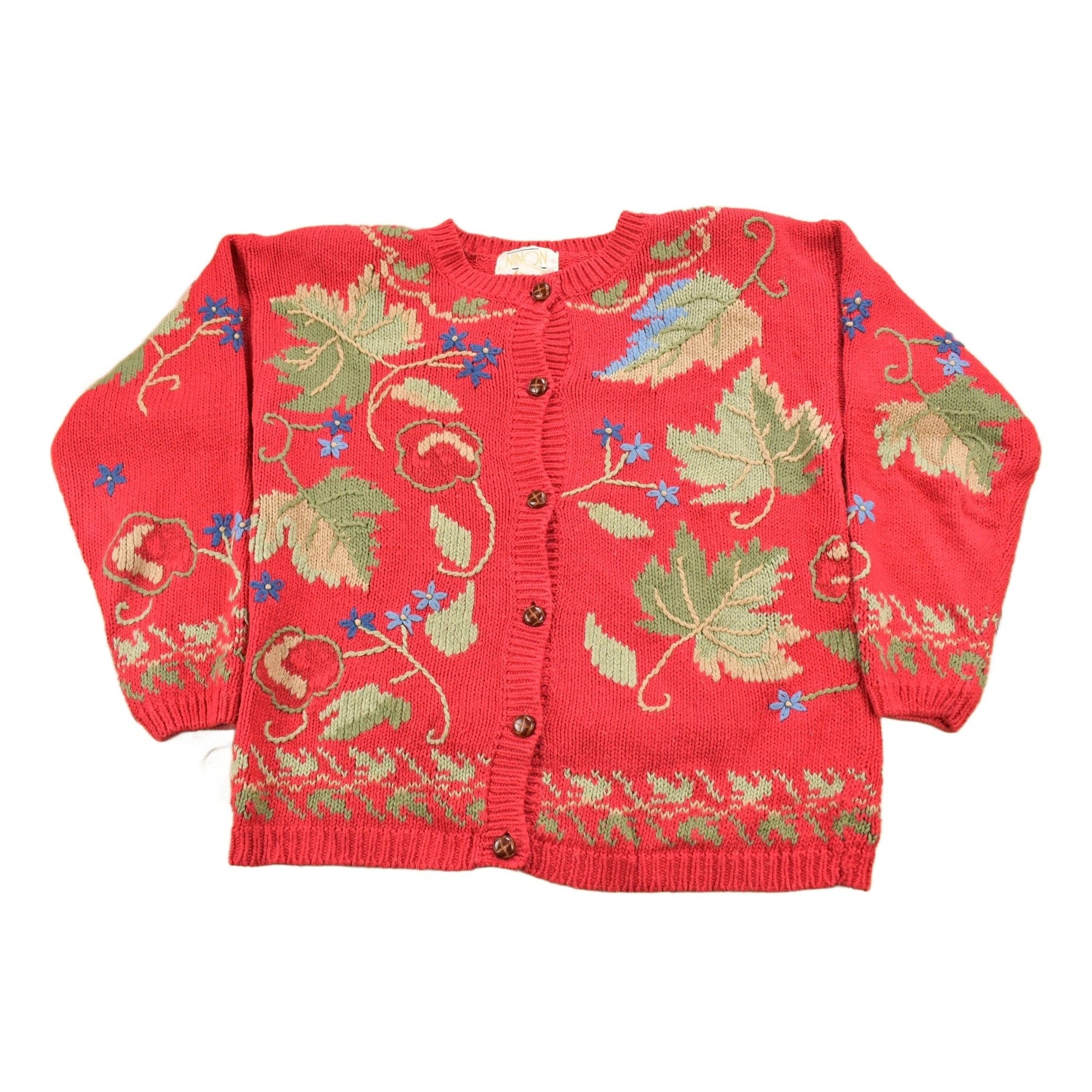 Vintage 1990s Red Floral Theme Embroidered Knit Cardigan Sweater Women's M from propervintagecanada