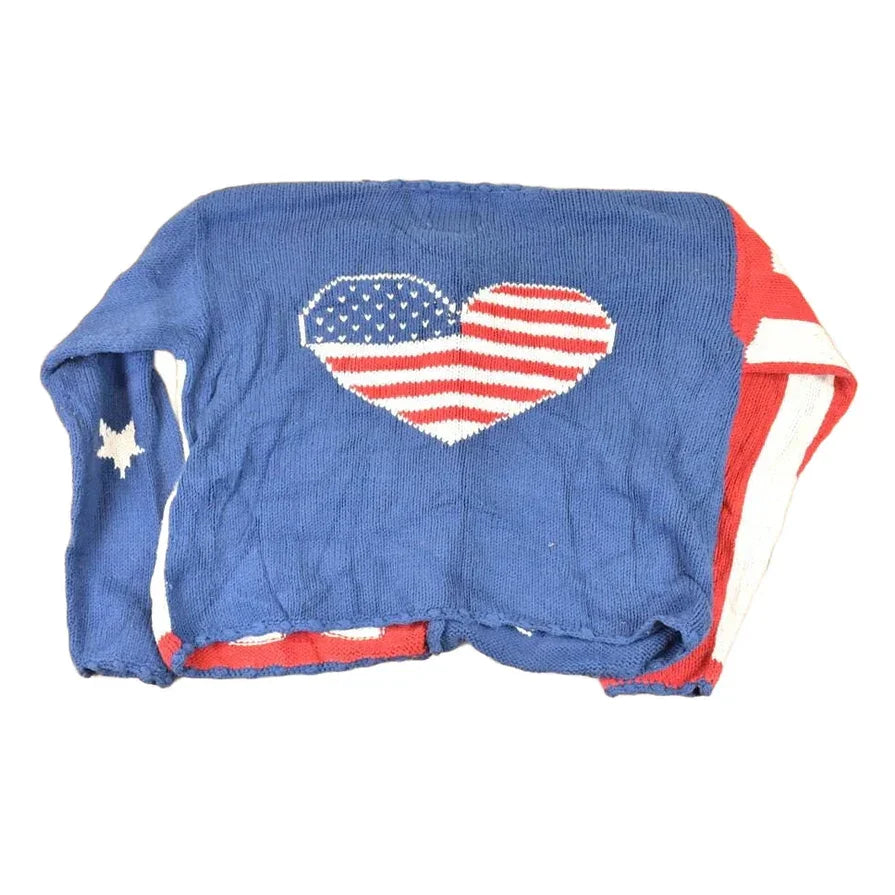 Vintage 1990s Rey Wear AOP American Flag Hand Knit Cardigan Sweater Womens S from propervintagecanada