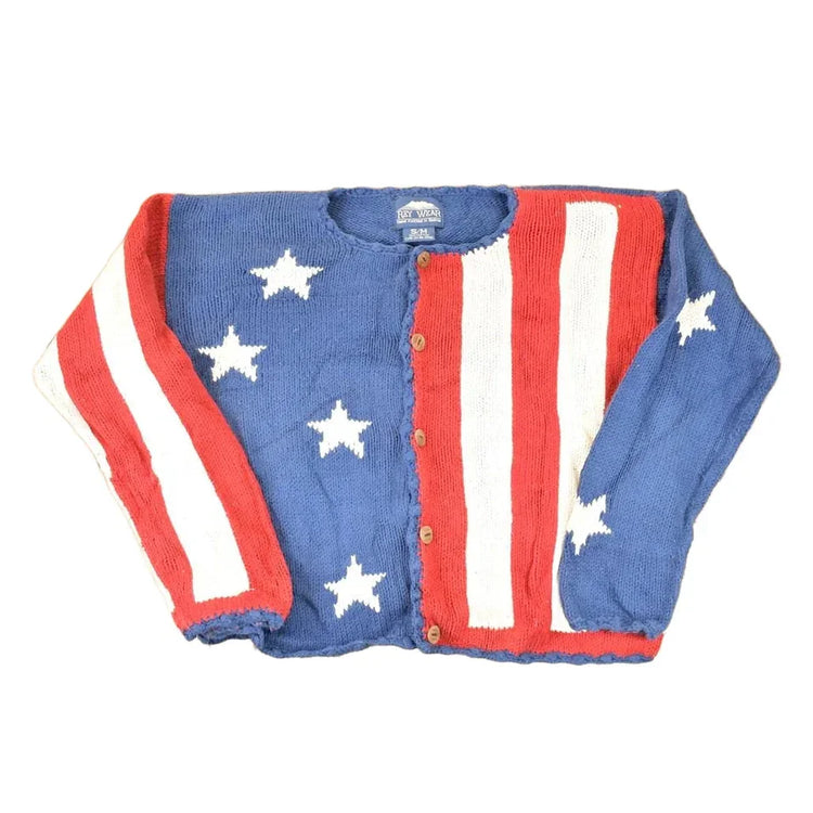 Vintage 1990s Rey Wear AOP American Flag Hand Knit Cardigan Sweater Womens S from propervintagecanada