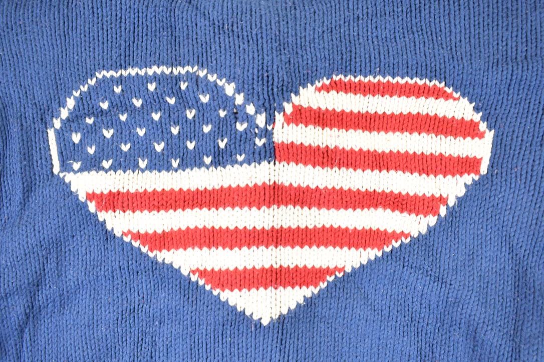 Vintage 1990s Rey Wear AOP American Flag Hand Knit Cardigan Sweater Womens S from propervintagecanada