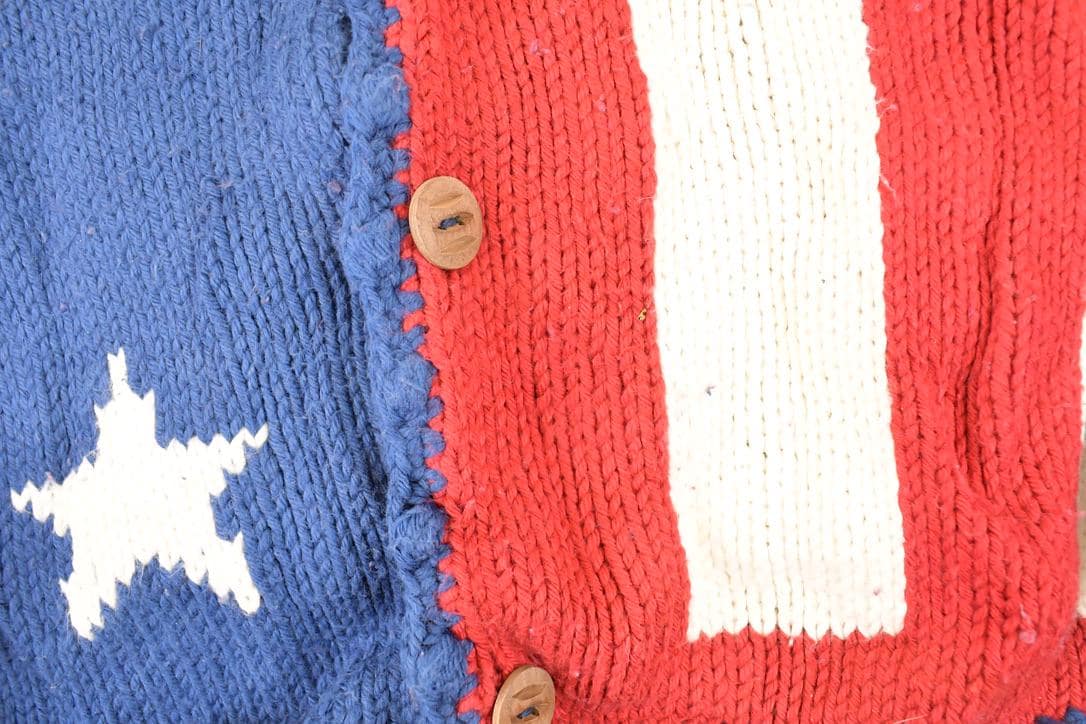 Vintage 1990s Rey Wear AOP American Flag Hand Knit Cardigan Sweater Womens S from propervintagecanada
