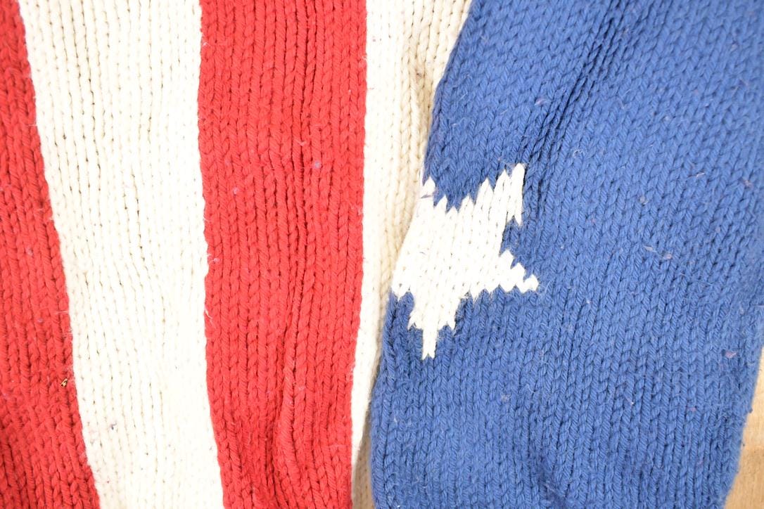 Vintage 1990s Rey Wear AOP American Flag Hand Knit Cardigan Sweater Womens S from propervintagecanada