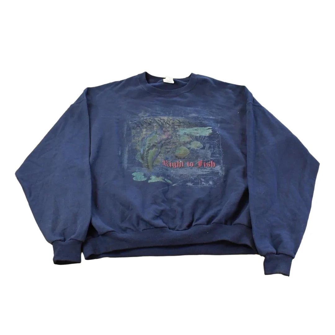 Vintage 1990s Right To Fishing Crewneck Sweatshirt Men's 2XL from propervintagecanada