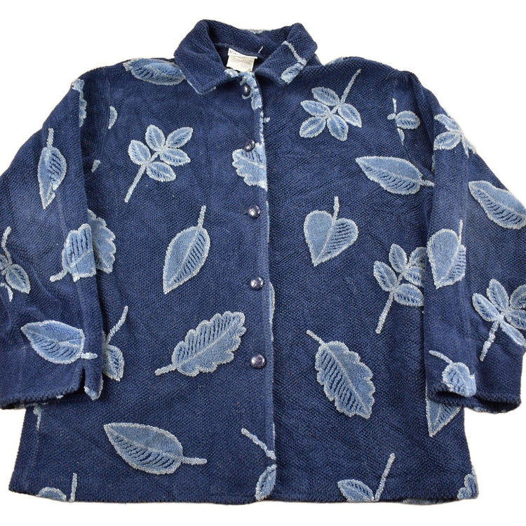 Vintage 1990s Robert Kitchen Leaves Theme All Over Print Fleece Sweater Men's Large from propervintagecanada