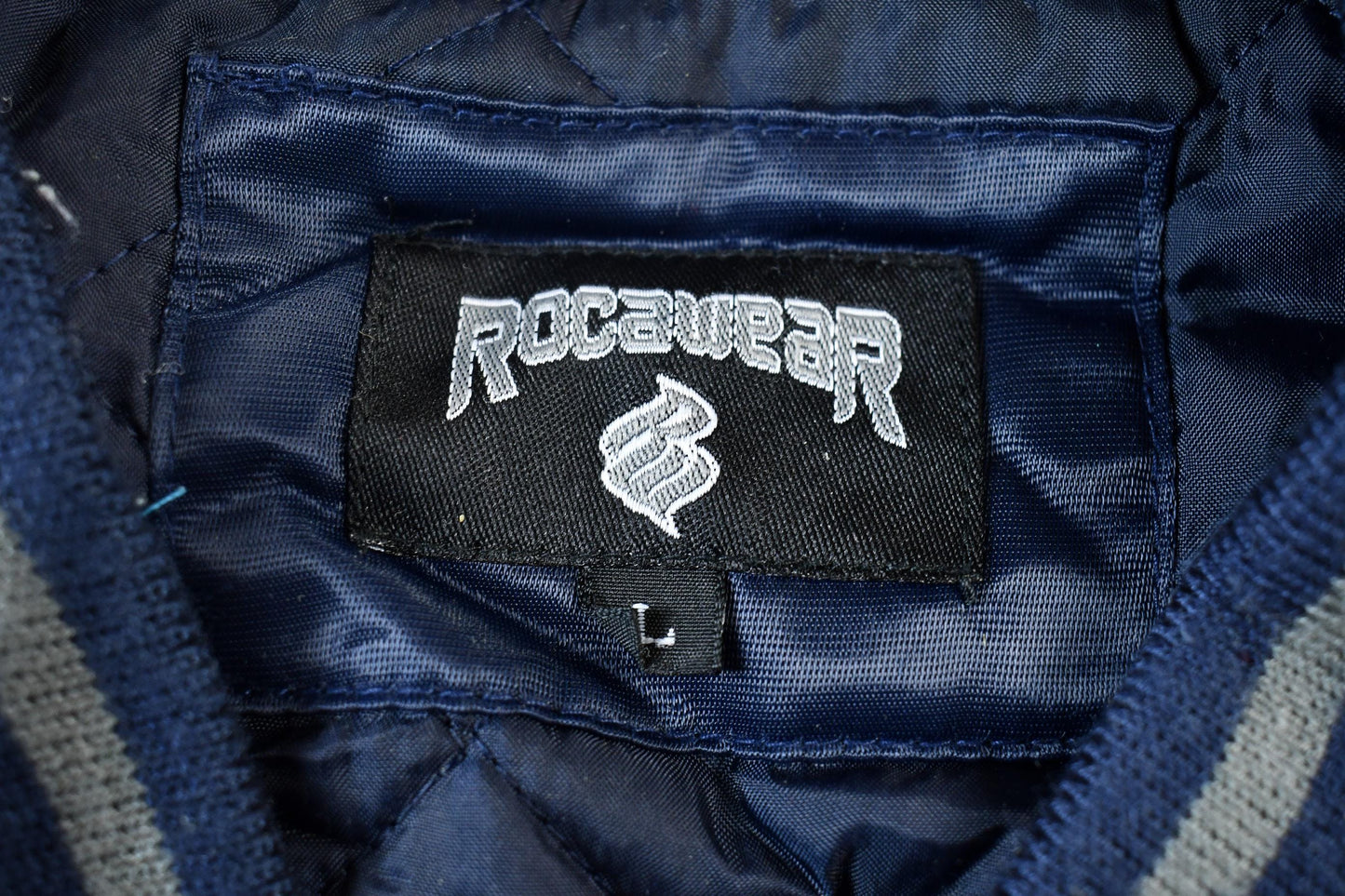 Vintage 1990s Rocawear Embroidered Snap Button Satin Bomber Jacket Men's Large from propervintagecanada