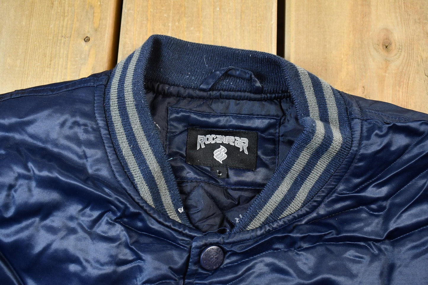 Vintage 1990s Rocawear Embroidered Snap Button Satin Bomber Jacket Men's Large from propervintagecanada