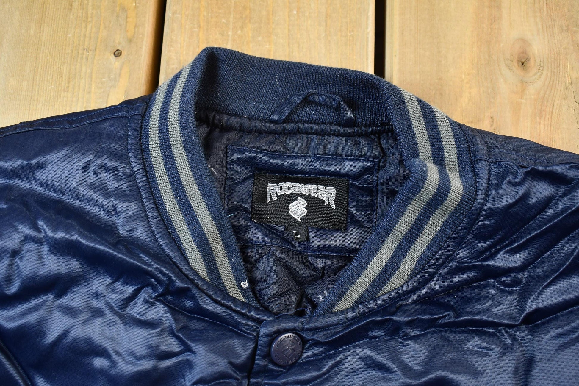 Vintage 1990s Rocawear Embroidered Snap Button Satin Bomber Jacket Men's Large from propervintagecanada