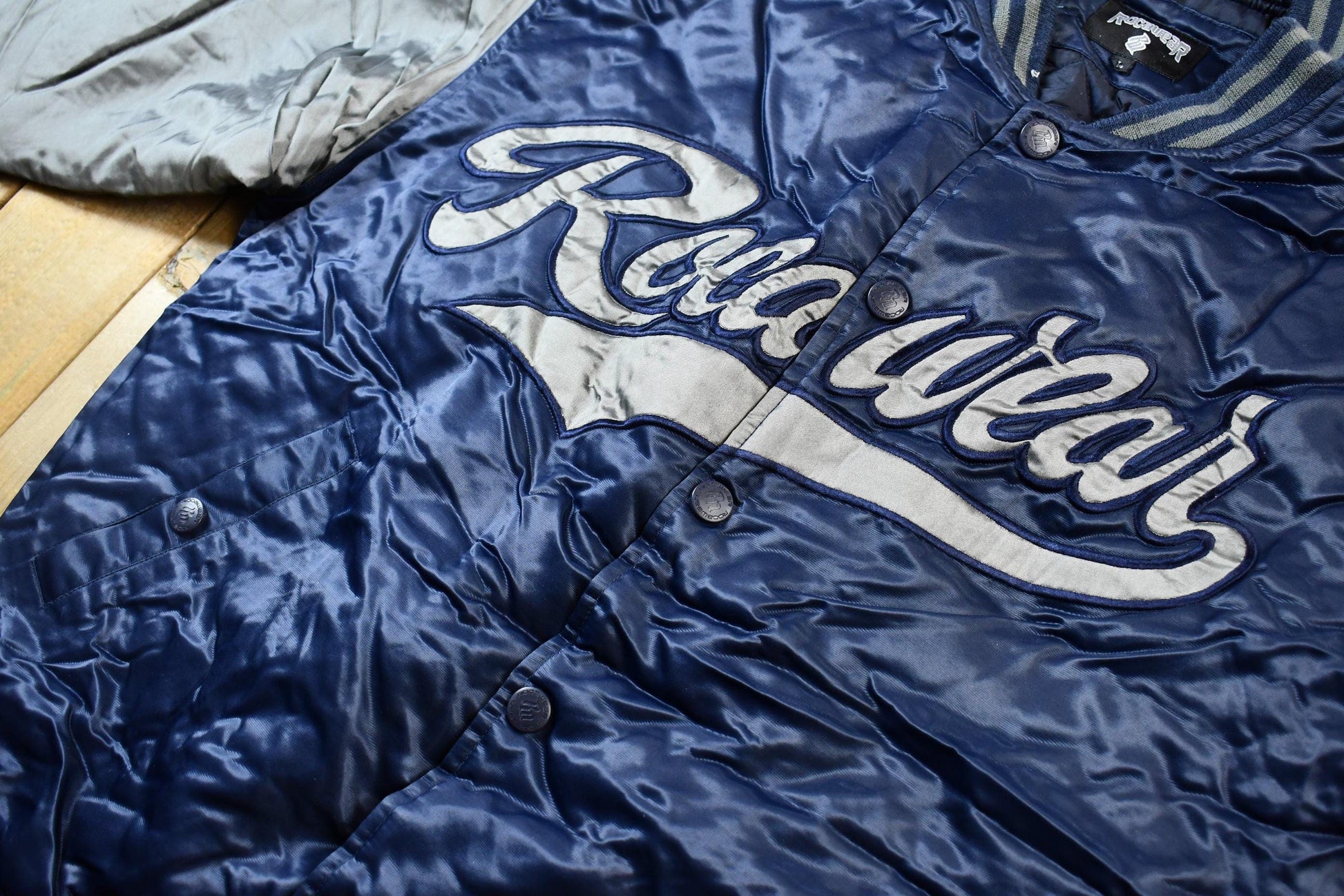 Vintage 1990s Rocawear Embroidered Snap Button Satin Bomber Jacket Men's Large from propervintagecanada
