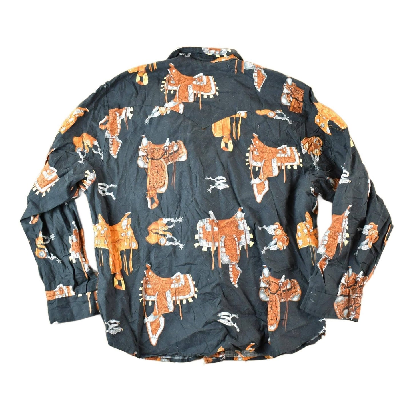 Vintage 1990s Roper Western Button Up AOP Saddle Print Shirt Men's L from propervintagecanada