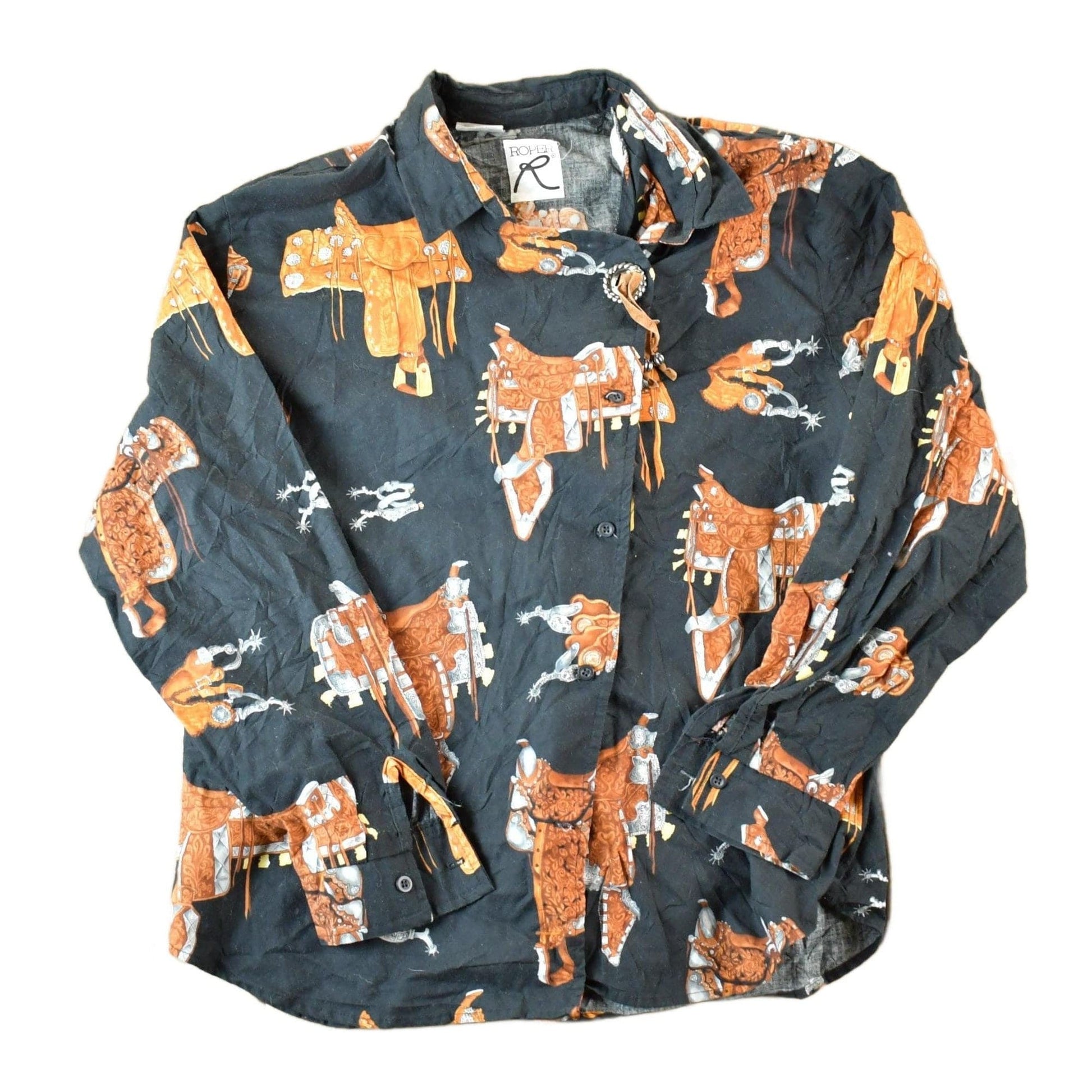 Vintage 1990s Roper Western Button Up AOP Saddle Print Shirt Men's L from propervintagecanada