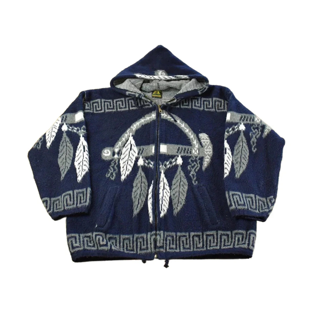 Vintage 1990s Ruminahui Native Wool Full Zip Knit Hoodie Sweater Men's XL from propervintagecanada