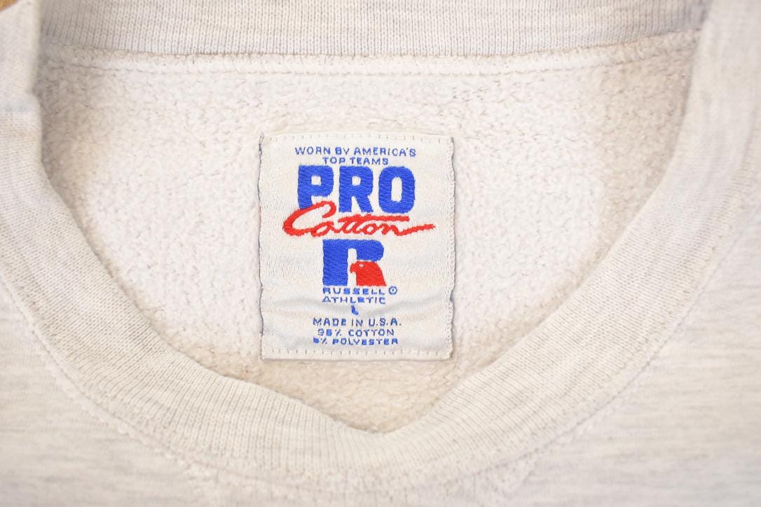 Vintage 1990s Russell Pro Cotton Dells Boat Co Heavyweight Crossgrain Crewneck Sweatshirt Men's L from propervintagecanada
