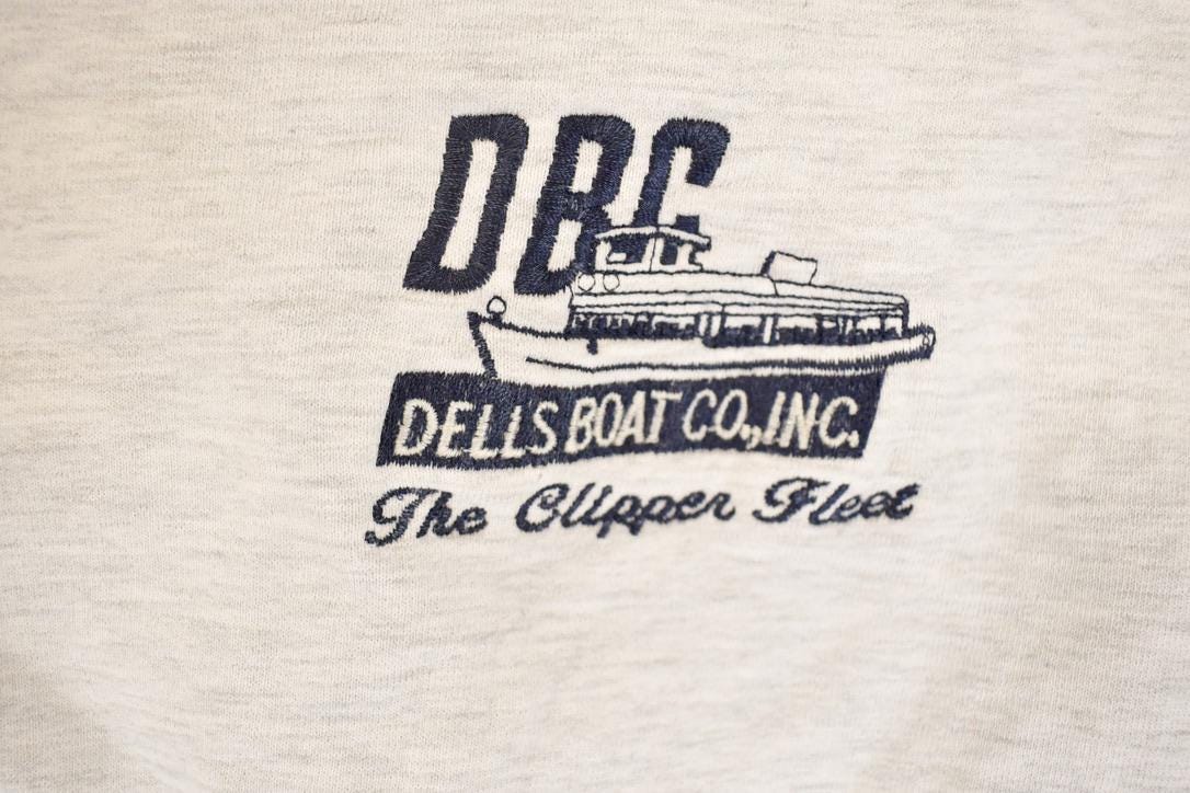 Vintage 1990s Russell Pro Cotton Dells Boat Co Heavyweight Crossgrain Crewneck Sweatshirt Men's L from propervintagecanada