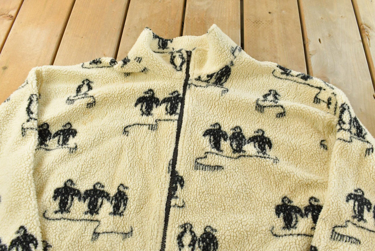 Vintage 1990s S.K. Pepper Penguin Fleece Sweater ��� All Over Print Outdoorsman Made in USA from propervintagecanada