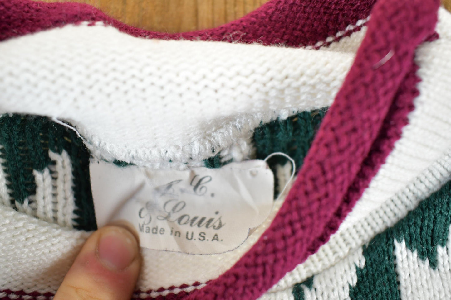 Vintage 1990s S Louis Knit Abstract Pattern Holiday Crewneck Sweater Mens XL from propervintagecanada