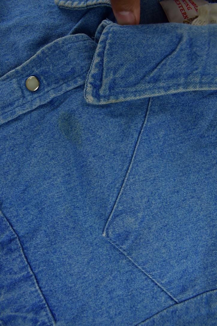 Vintage 1990s Saddle King Western Denim South Western Style Pearl Snap Button Up Rodeo Shirt Men's XL from propervintagecanada
