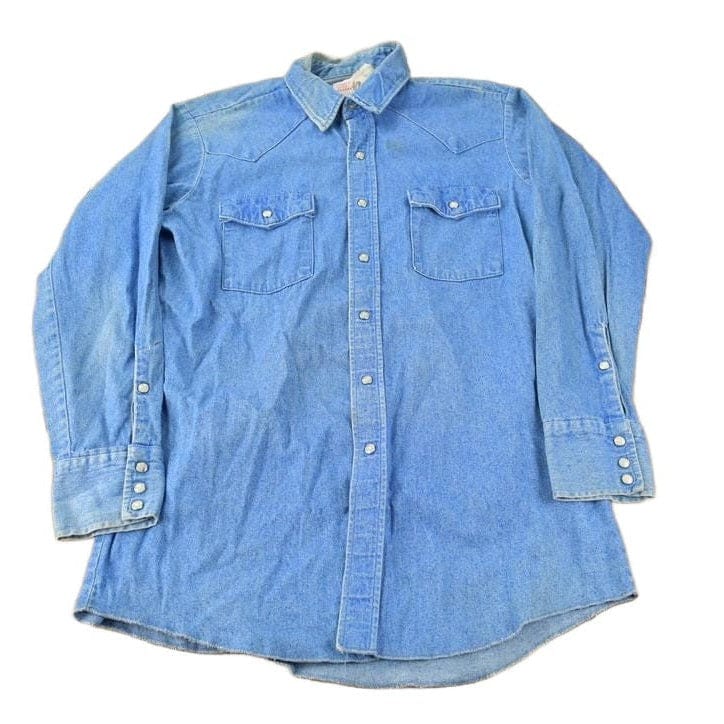 Vintage 1990s Saddle King Western Denim South Western Style Pearl Snap Button Up Rodeo Shirt Men's XL from propervintagecanada