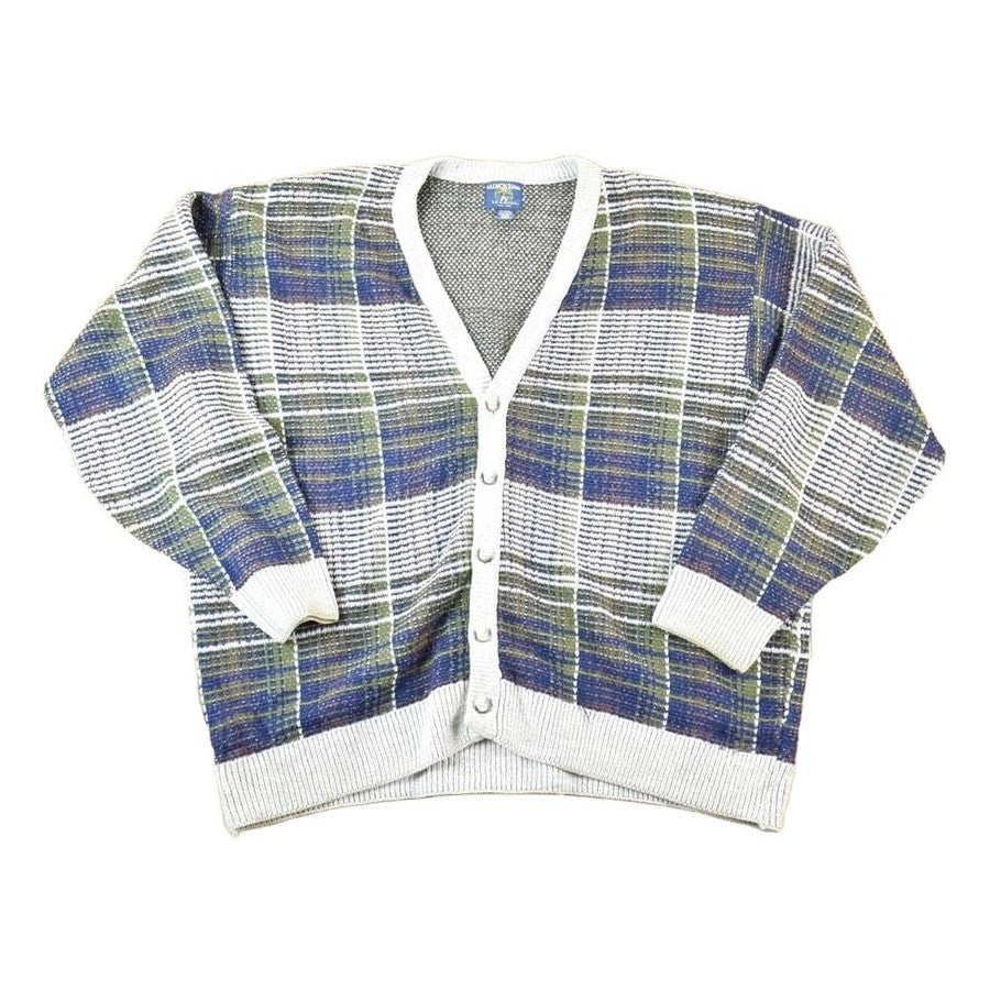 Vintage 1990s Salmon River Traders Tall Man Knit Abstract Pattern Cardigan Sweater Mens XXXL from propervintagecanada