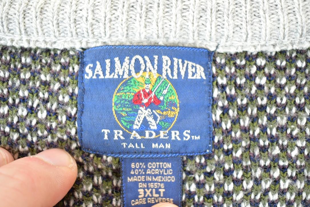 Vintage 1990s Salmon River Traders Tall Man Knit Abstract Pattern Cardigan Sweater Mens XXXL from propervintagecanada