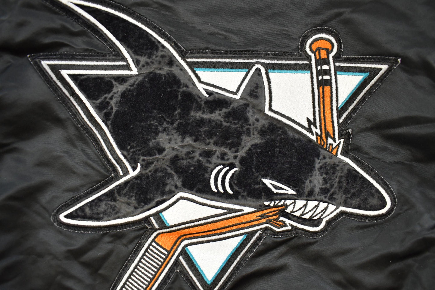 Vintage 1990s San Jose Sharks Starter NHL Satin Snap On Bomber Jacket Men's XS from propervintagecanada