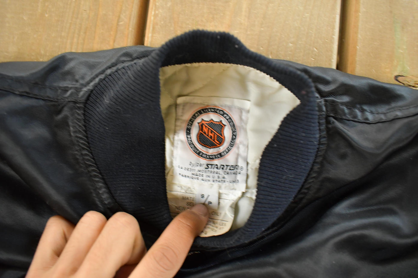Vintage 1990s San Jose Sharks Starter NHL Satin Snap On Bomber Jacket Men's XS from propervintagecanada
