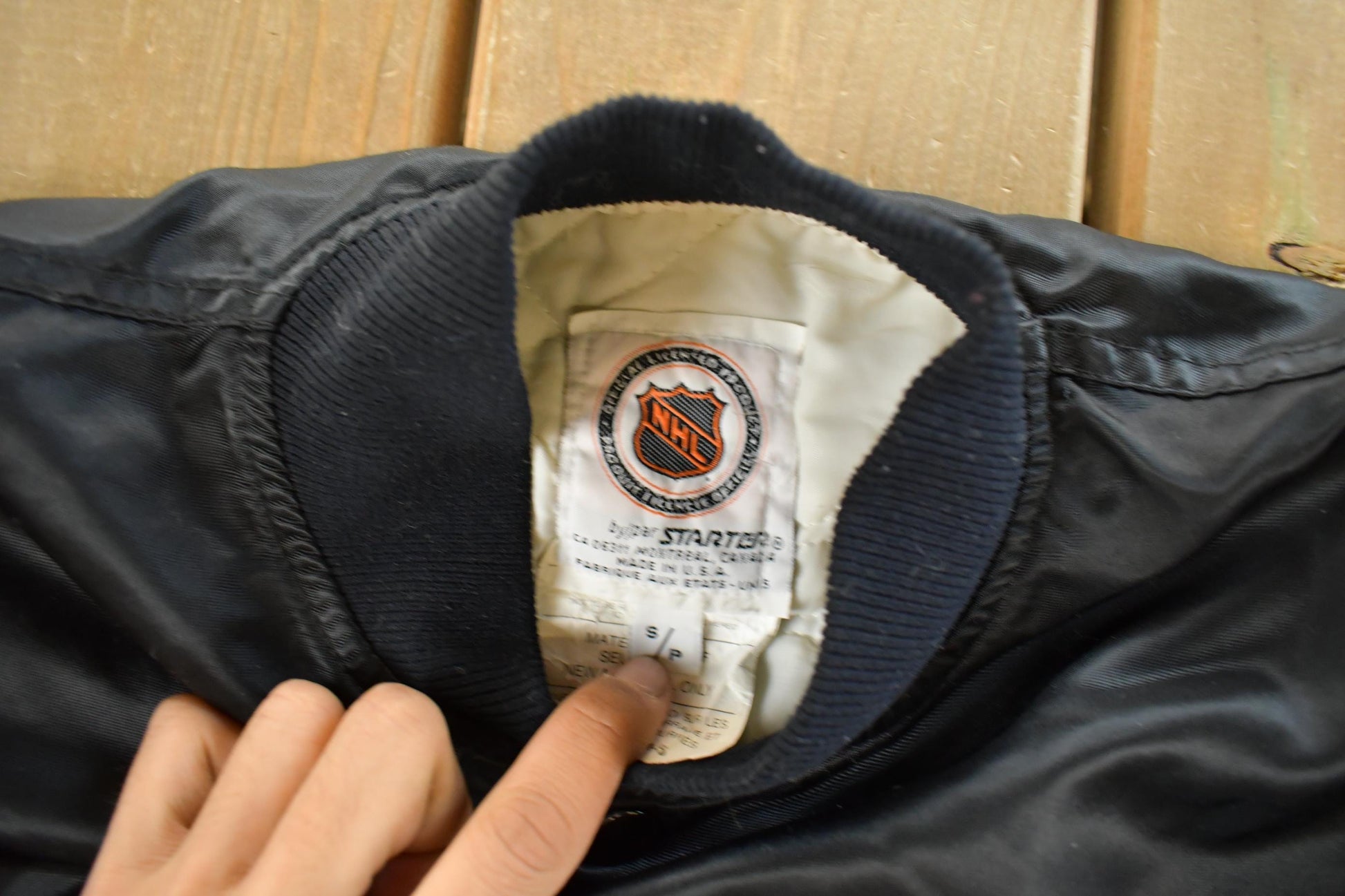 Vintage 1990s San Jose Sharks Starter NHL Satin Snap On Bomber Jacket Men's XS from propervintagecanada