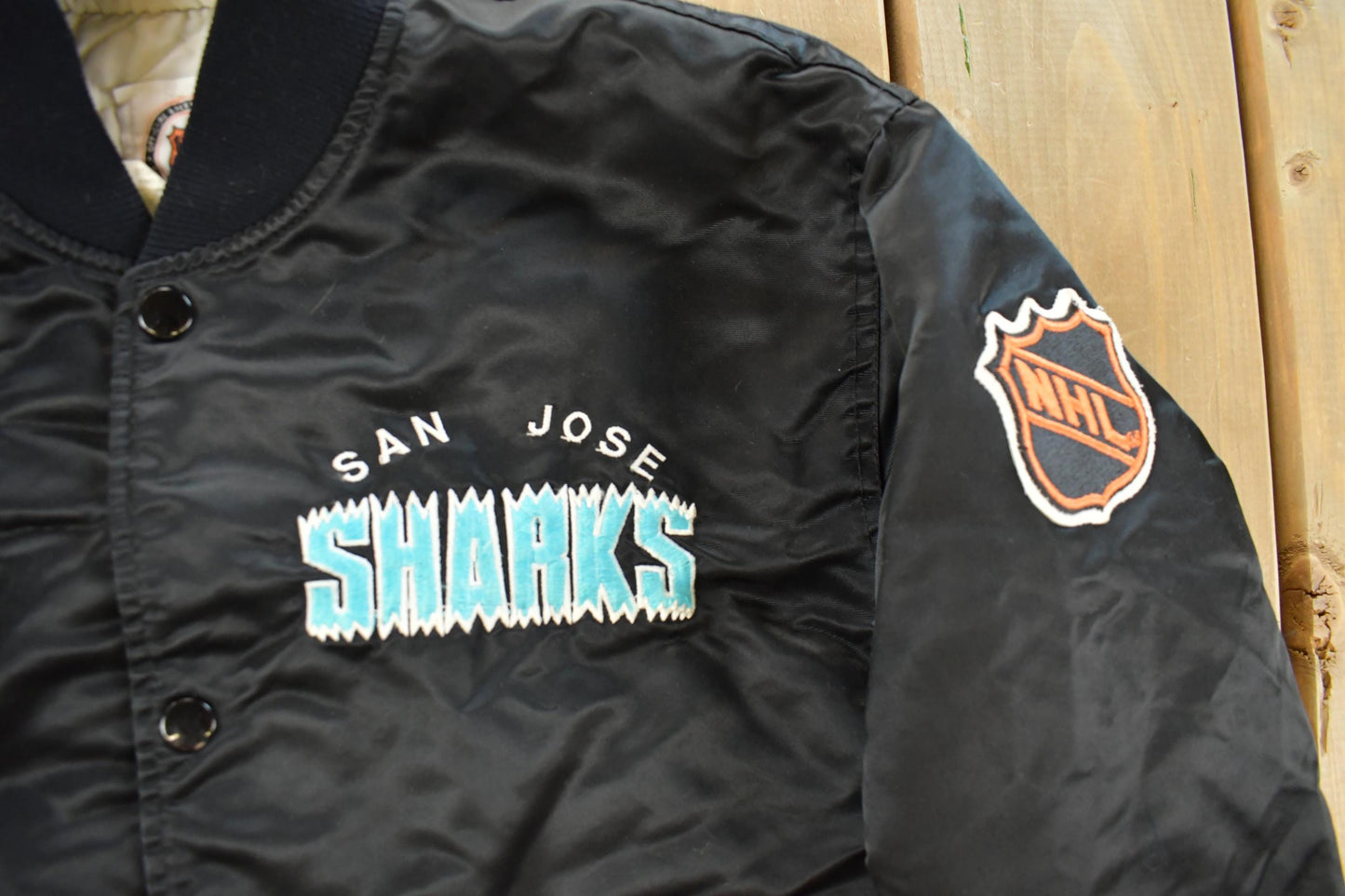 Vintage 1990s San Jose Sharks Starter NHL Satin Snap On Bomber Jacket Men's XS from propervintagecanada