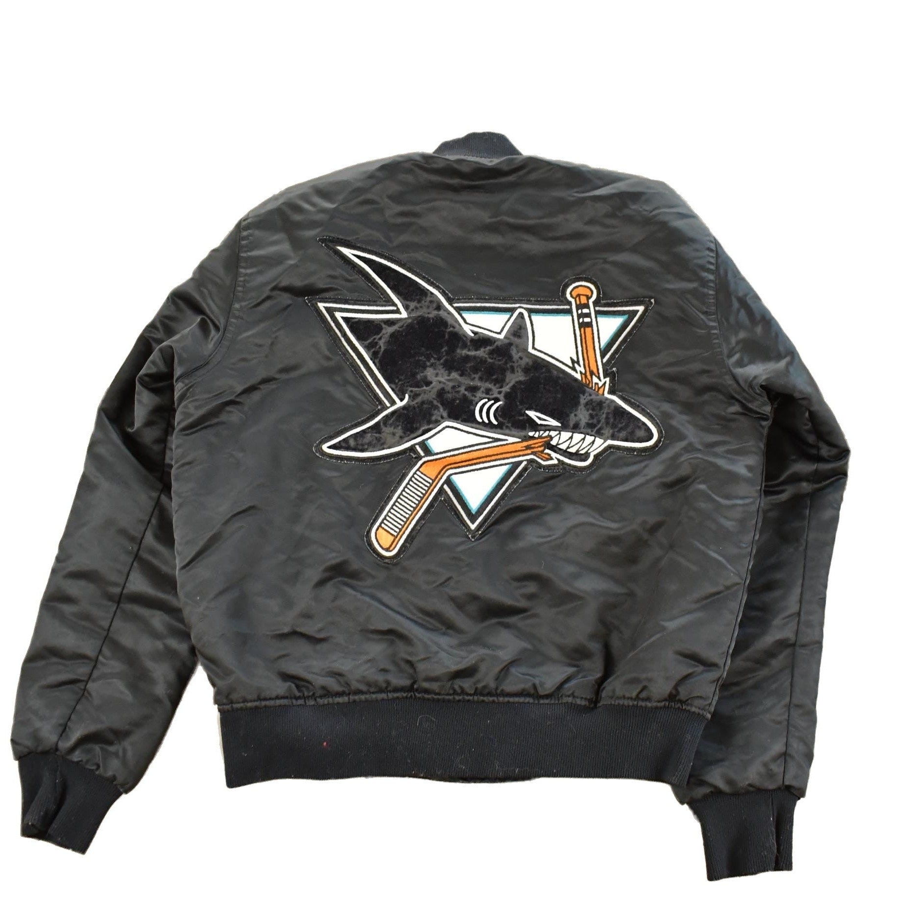 Vintage 1990s San Jose Sharks Starter NHL Satin Snap On Bomber Jacket Men's XS from propervintagecanada