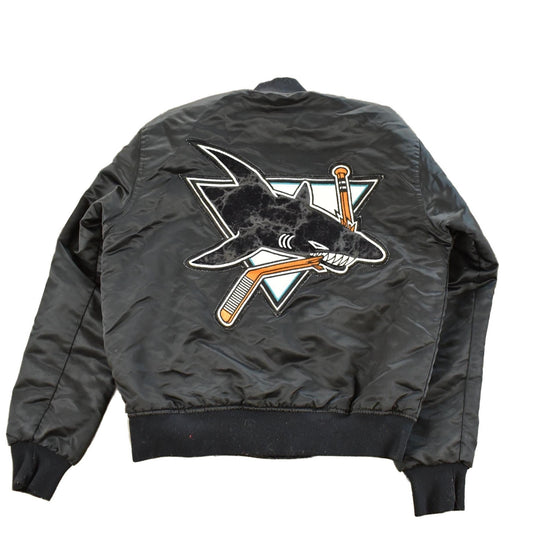 Vintage 1990s San Jose Sharks Starter NHL Satin Snap On Bomber Jacket Men's XS from propervintagecanada