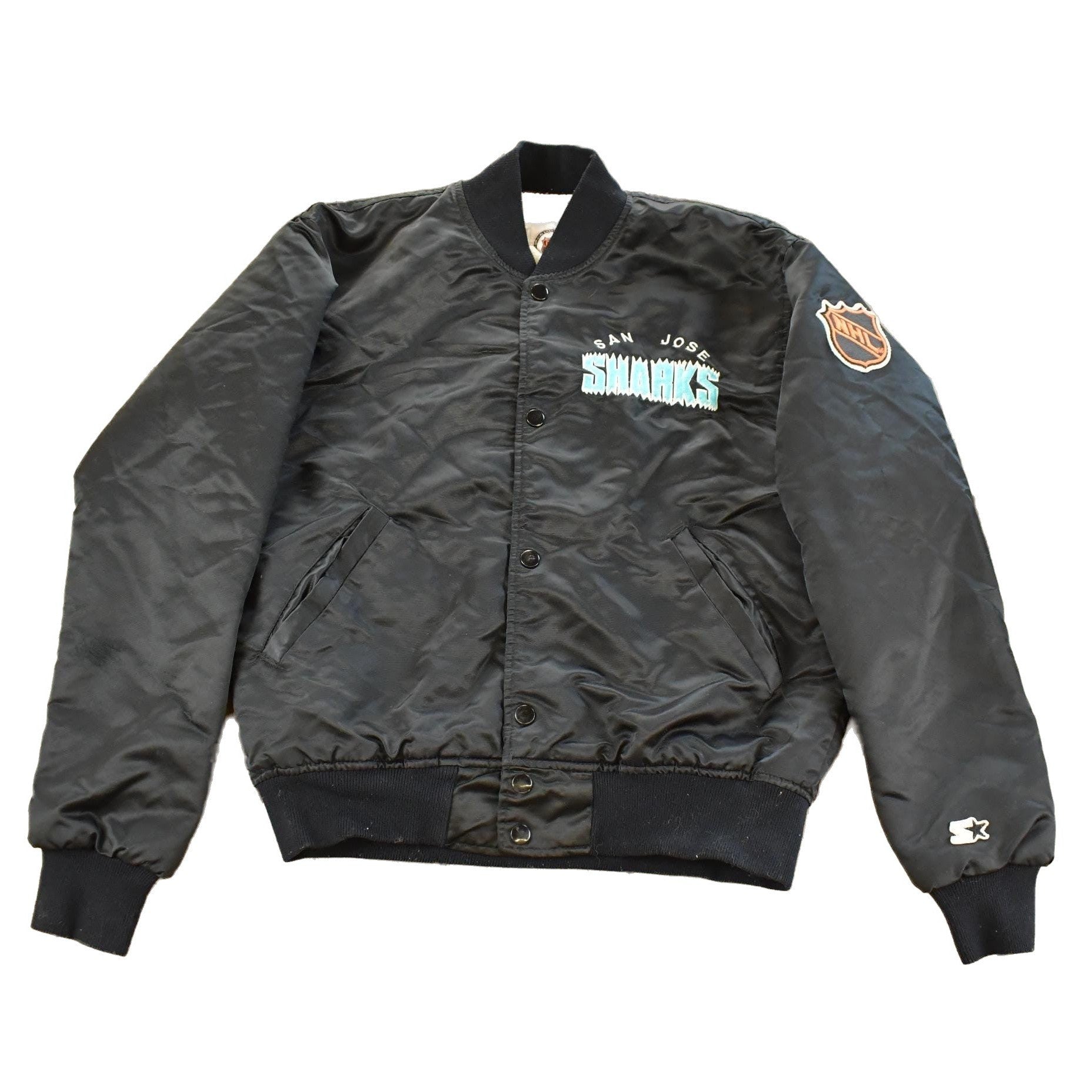 Vintage 1990s San Jose Sharks Starter NHL Satin Snap On Bomber Jacket Men's XS from propervintagecanada