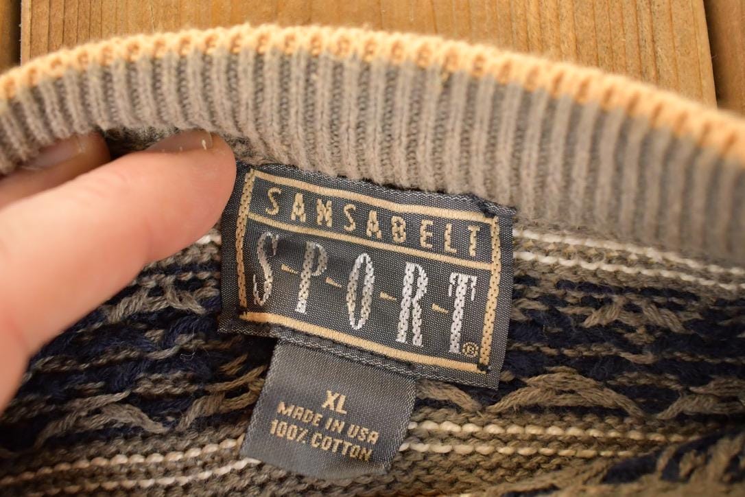 Vintage 1990s Sansabelt Sport Abstract Striped Knit Crewneck Sweater Men's L from propervintagecanada