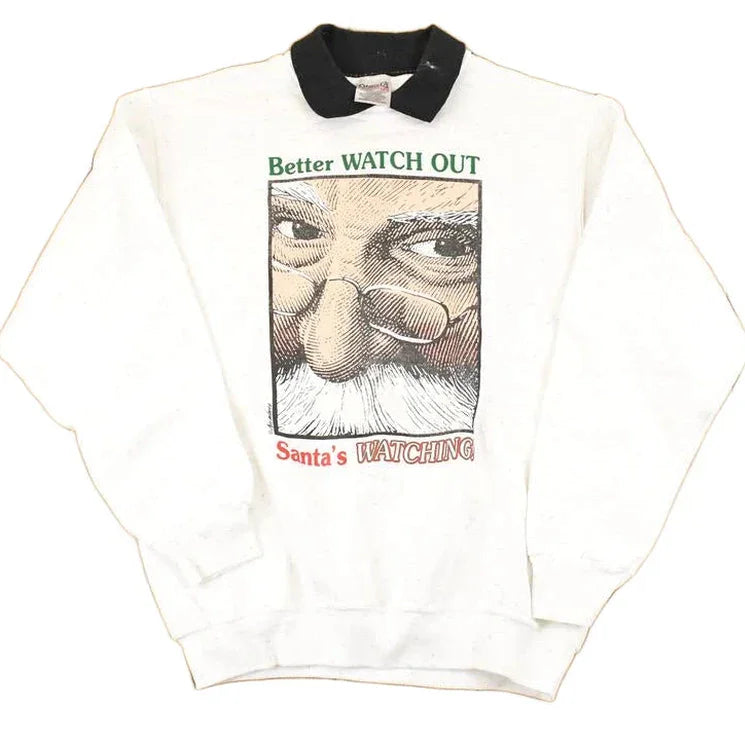 Vintage 1990s Santa's Coming Christmas Graphic Print Collared Sweatshirt Men's M from propervintagecanada