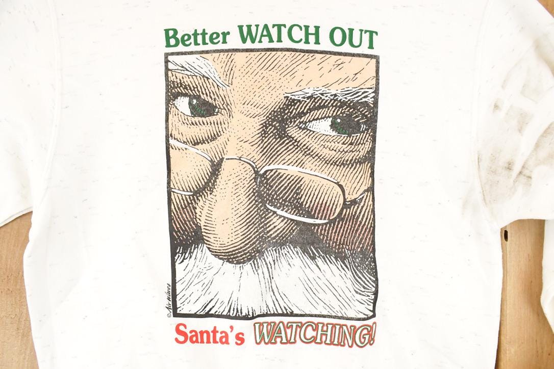Vintage 1990s Santa's Coming Christmas Graphic Print Collared Sweatshirt Men's M from propervintagecanada