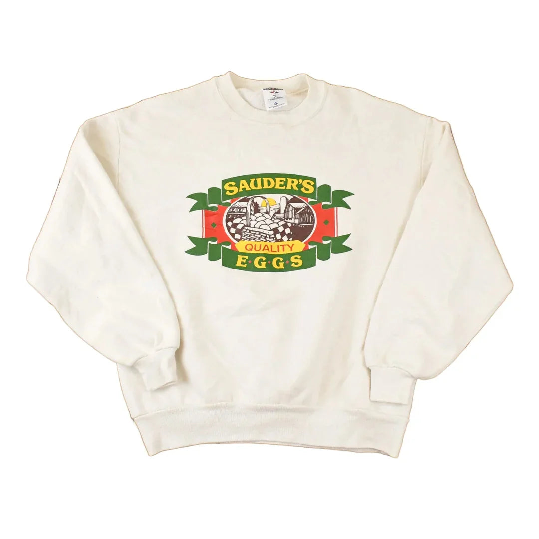 Vintage 1990s Sauder's Eggs Cartoon Farm Graphic Print Crewneck Sweatshirt Mens L from propervintagecanada