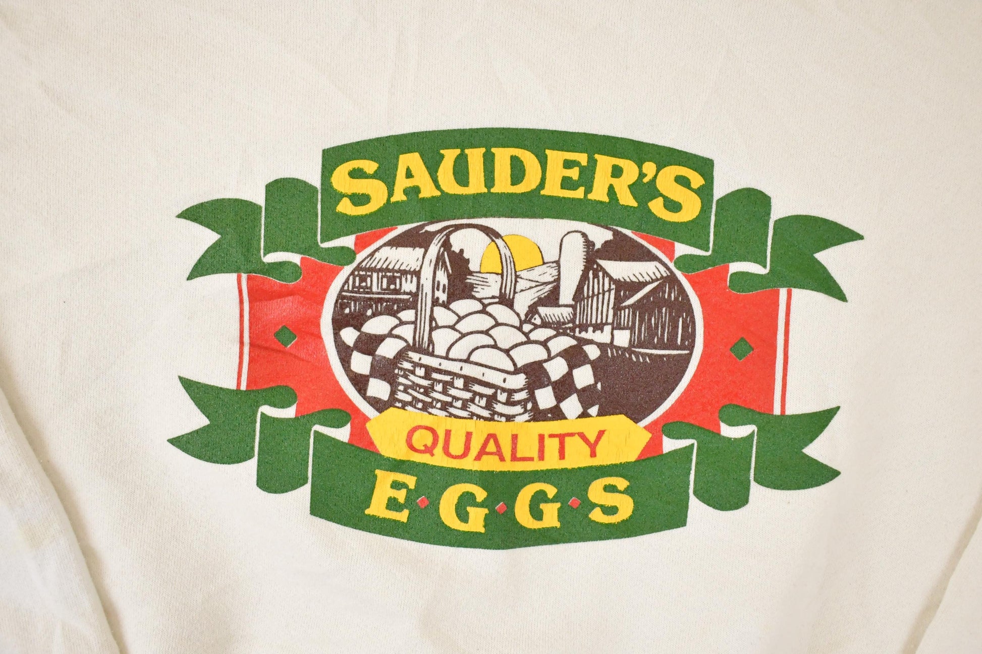 Vintage 1990s Sauder's Eggs Cartoon Farm Graphic Print Crewneck Sweatshirt Mens L from propervintagecanada