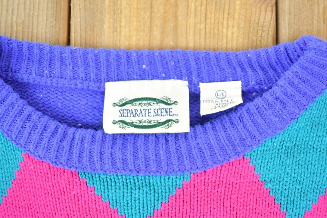 Vintage 1990s Separate Scene Knit Neon Abstract Pattern Crewneck Sweater Made In 90s Crewneck Men's Large from propervintagecanada