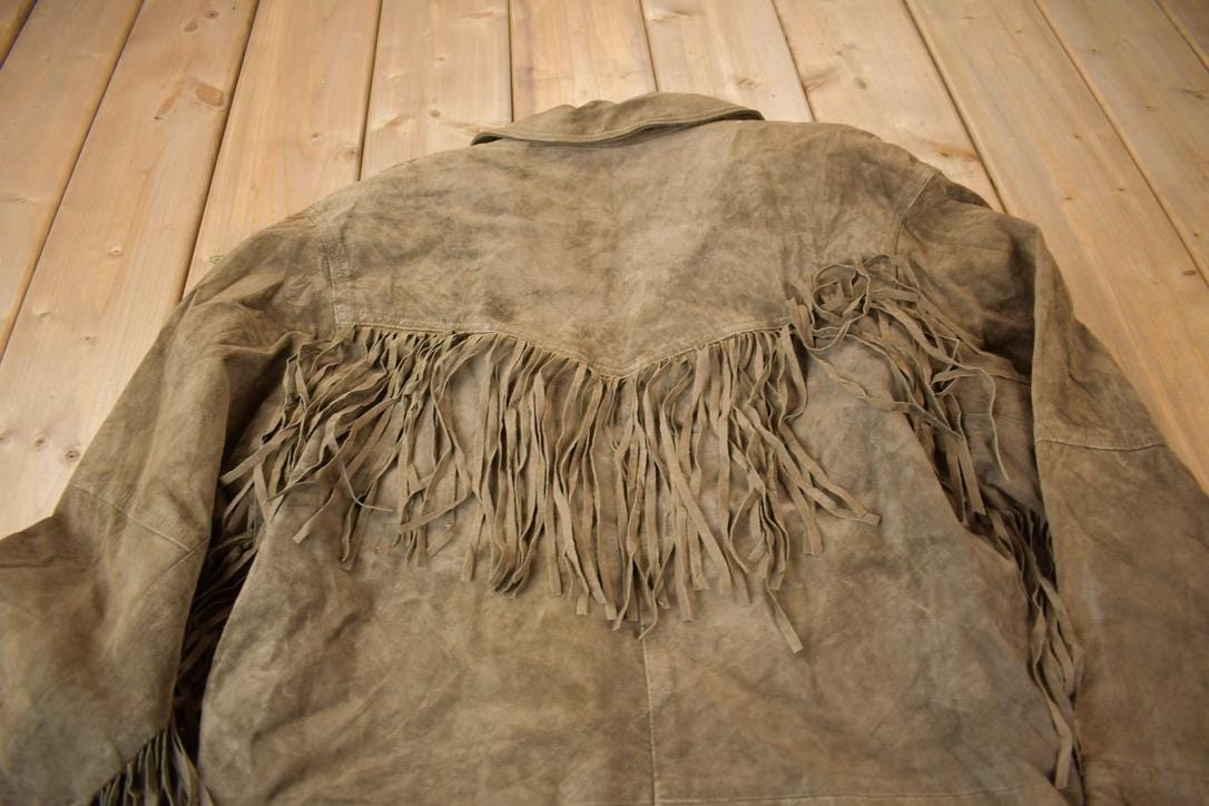 Vintage 1990s Siena Brown Suede Leather Fringe Jacket Women's M from propervintagecanada