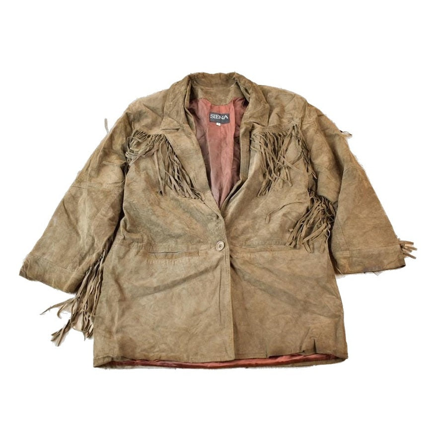Vintage 1990s Siena Brown Suede Leather Fringe Jacket Women's M from propervintagecanada