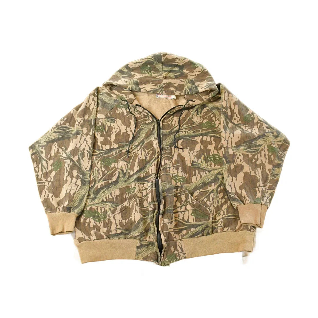 Vintage 1990s Simmons Tree Camo Full Zip Hoodie Men's 2X from propervintagecanada