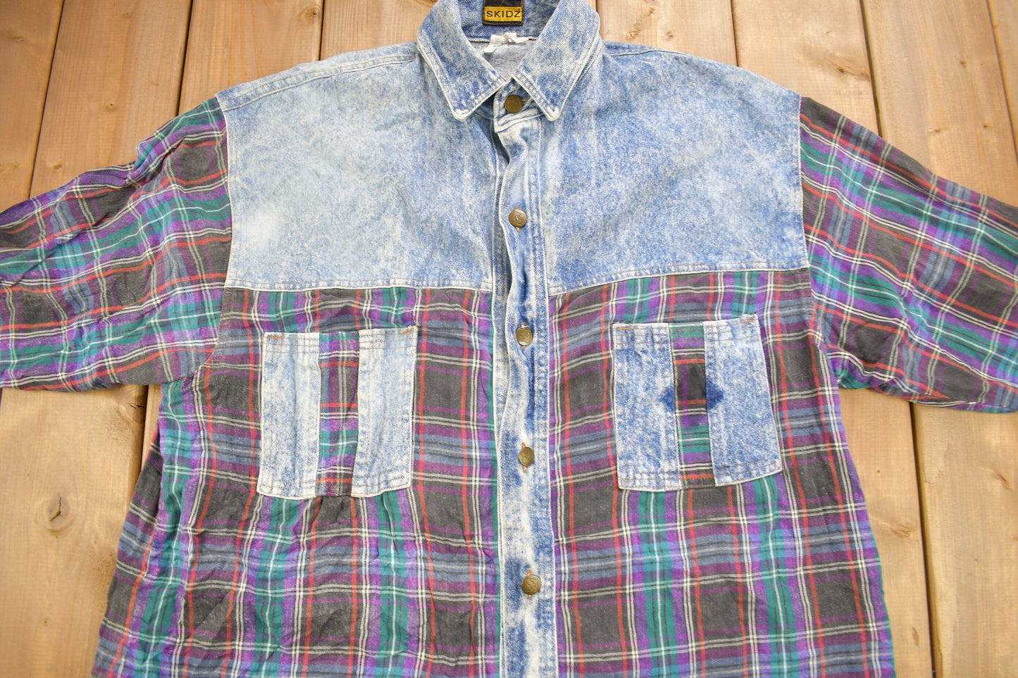 Vintage 1990s Skidz Denim Plaid Flannel Button Up Shirt Men's XL from propervintagecanada