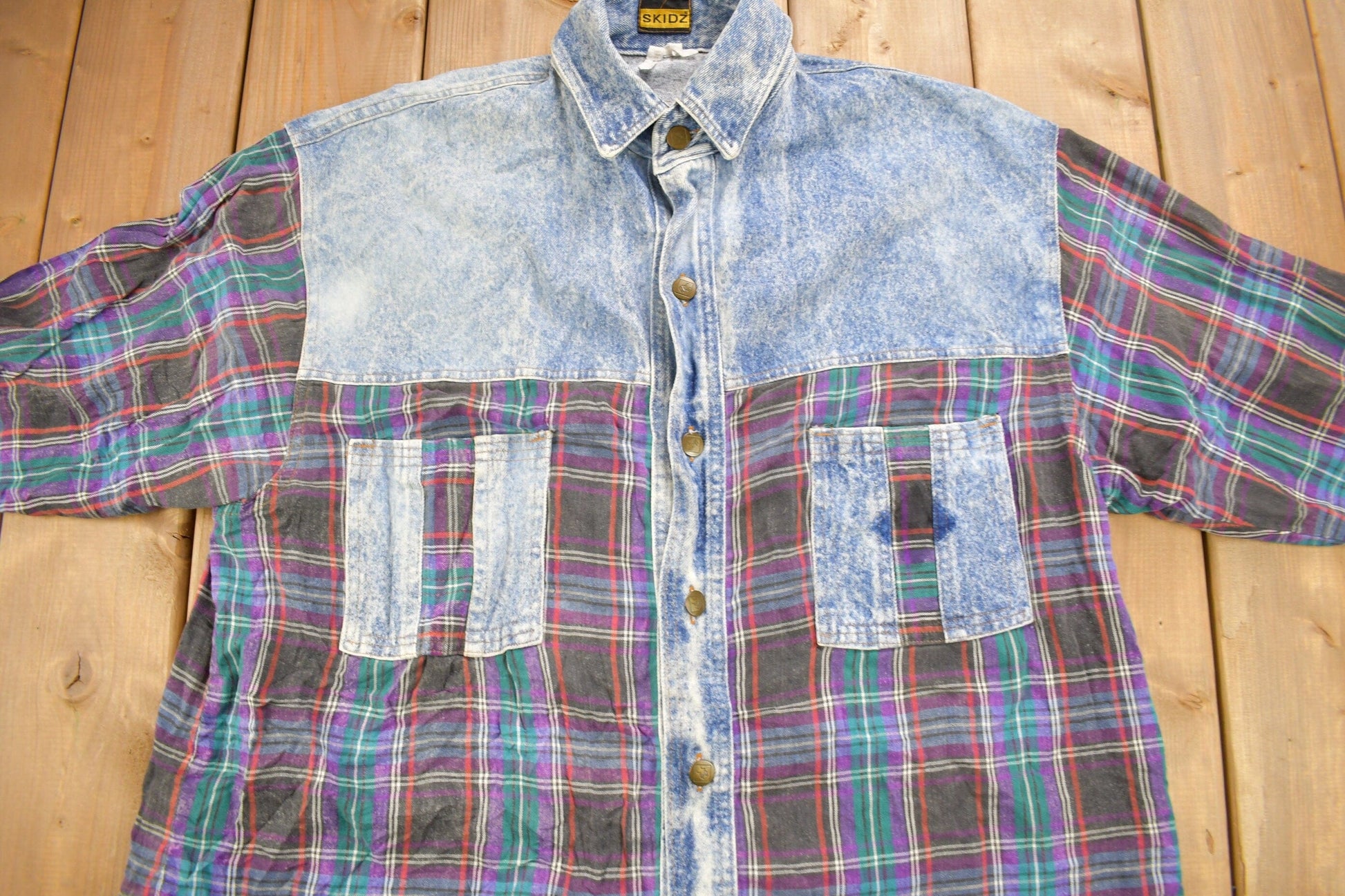 Vintage 1990s Skidz Denim Plaid Flannel Button Up Shirt Men's XL from propervintagecanada