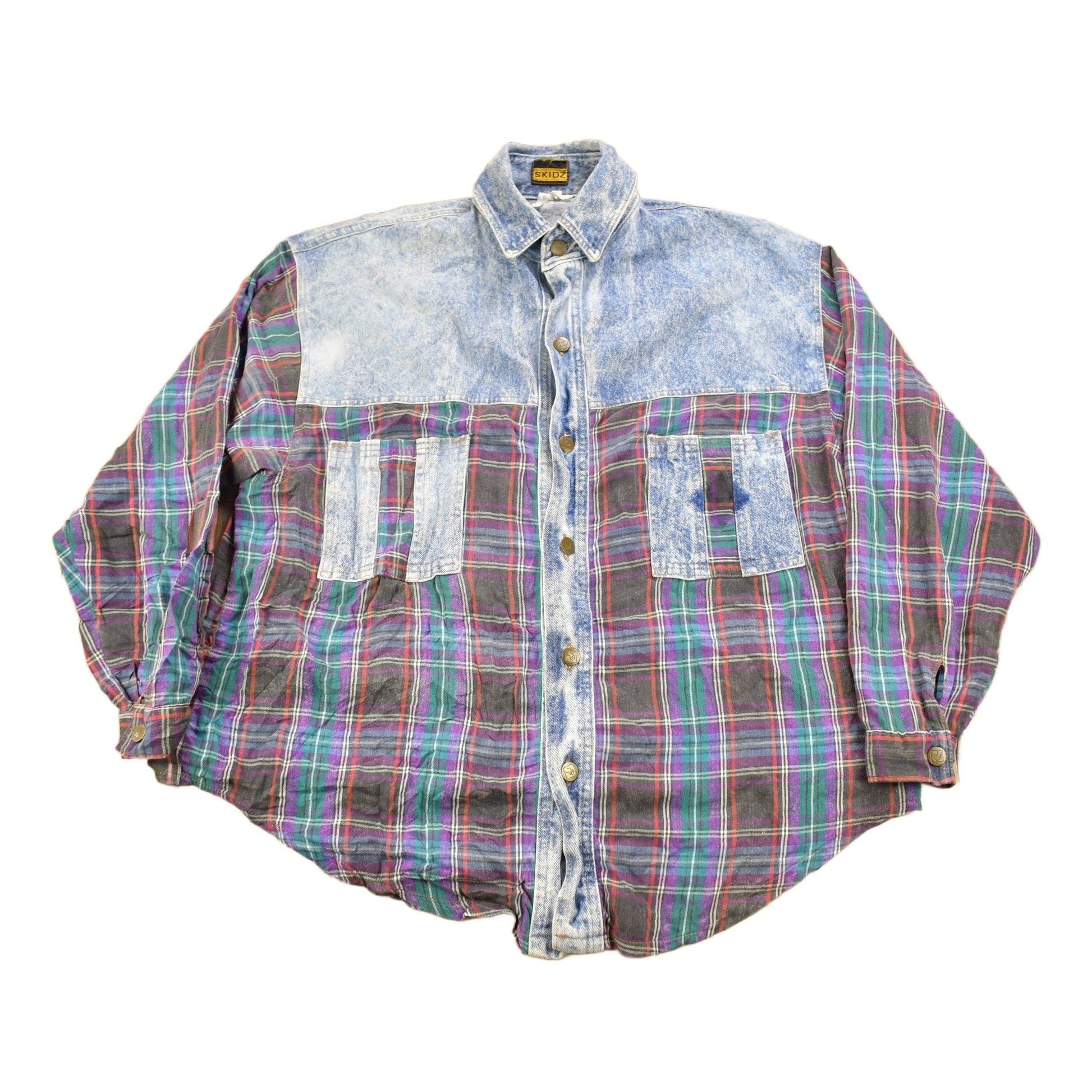 Vintage 1990s Skidz Denim Plaid Flannel Button Up Shirt Men's XL from propervintagecanada