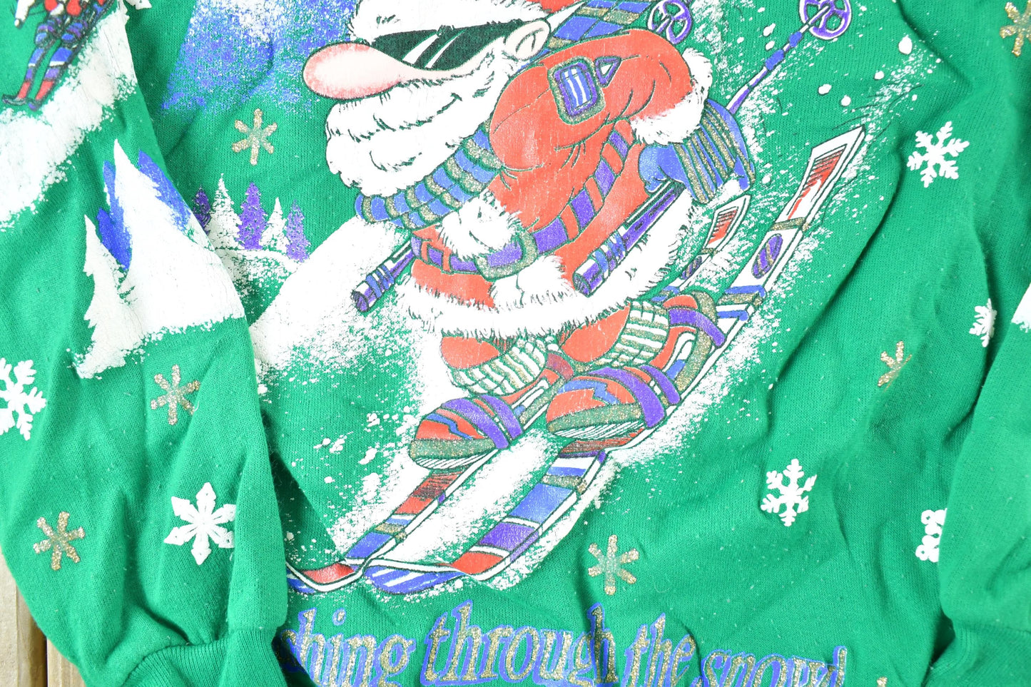 Vintage 1990s Skiing Santa AOP Crewneck Sweatshirt Youth L Men's Small from propervintagecanada