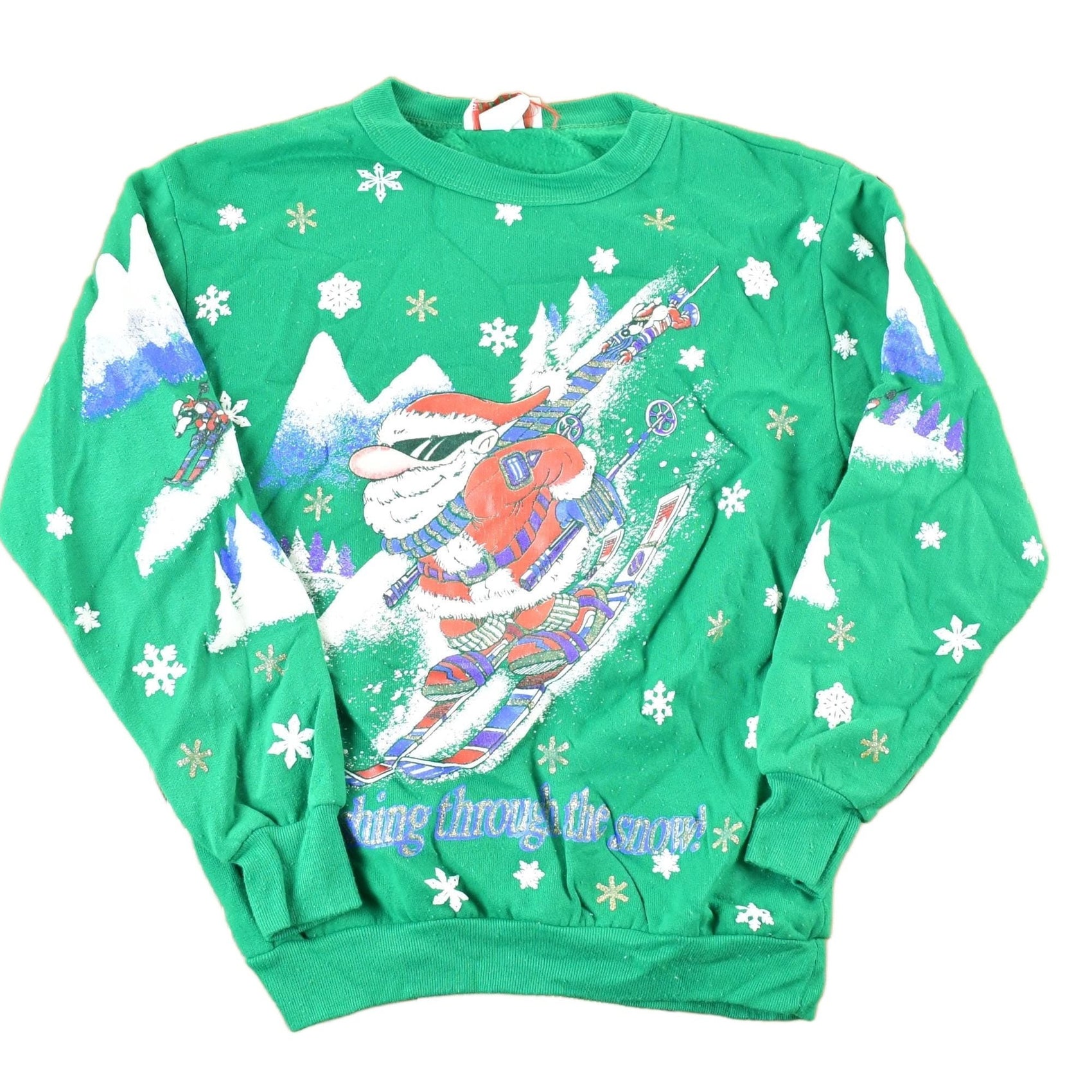 Vintage 1990s Skiing Santa AOP Crewneck Sweatshirt Youth L Men's Small from propervintagecanada