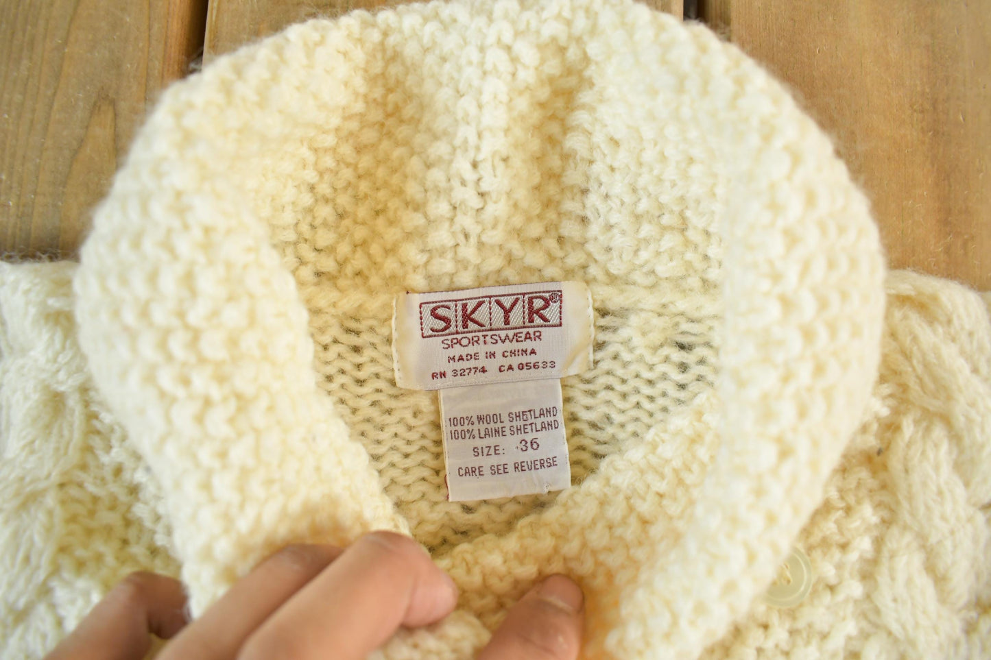 Vintage 1990s SKYR Wool Knit Shawl Collar Sweater Women's S from propervintagecanada