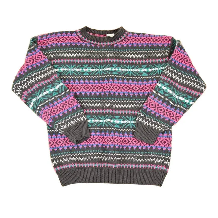 Vintage 1990s Snowflake Striped Knit AOP Crewneck Sweater Women's XL from propervintagecanada